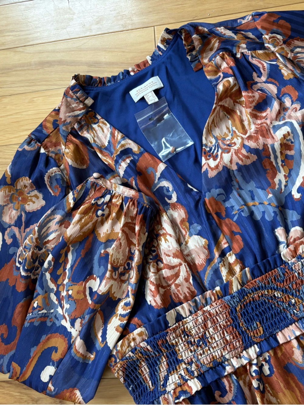 Adrianna Papell Short Dress Womens Sz 12 Blue Floral Long Sleeve Metallic